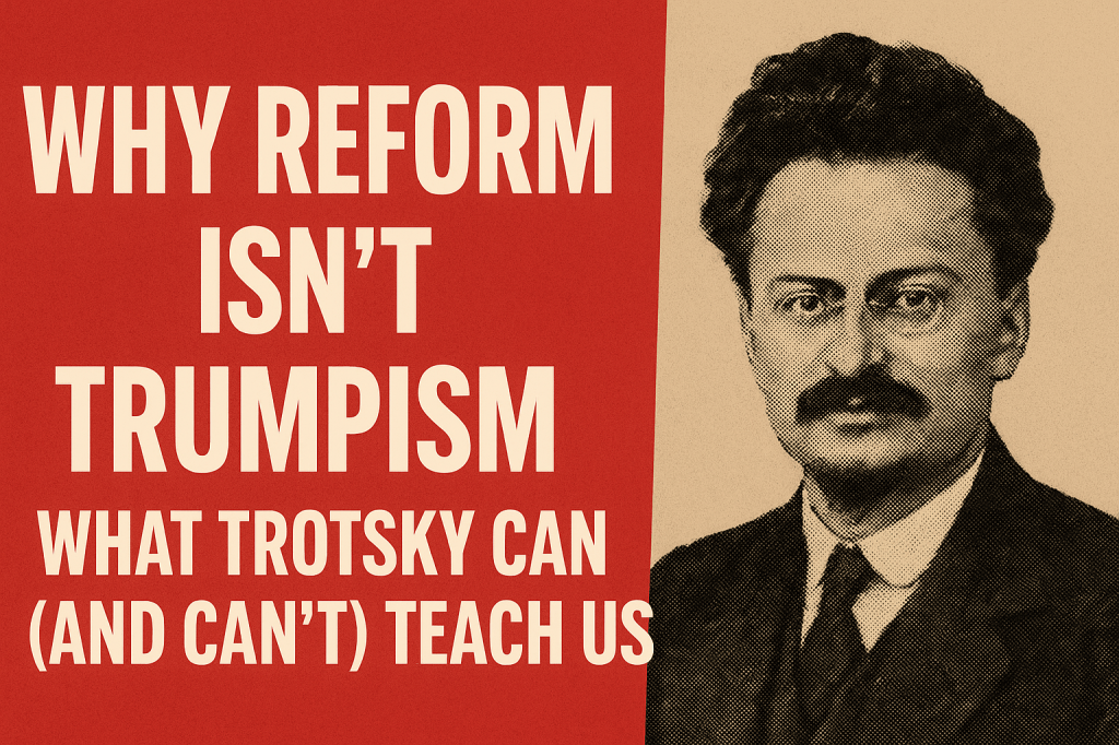 Picture of Leon Trotsky next to the words - Why Reform Isn't Trumpism: What Trotsky Can (and Can't) teeach us.