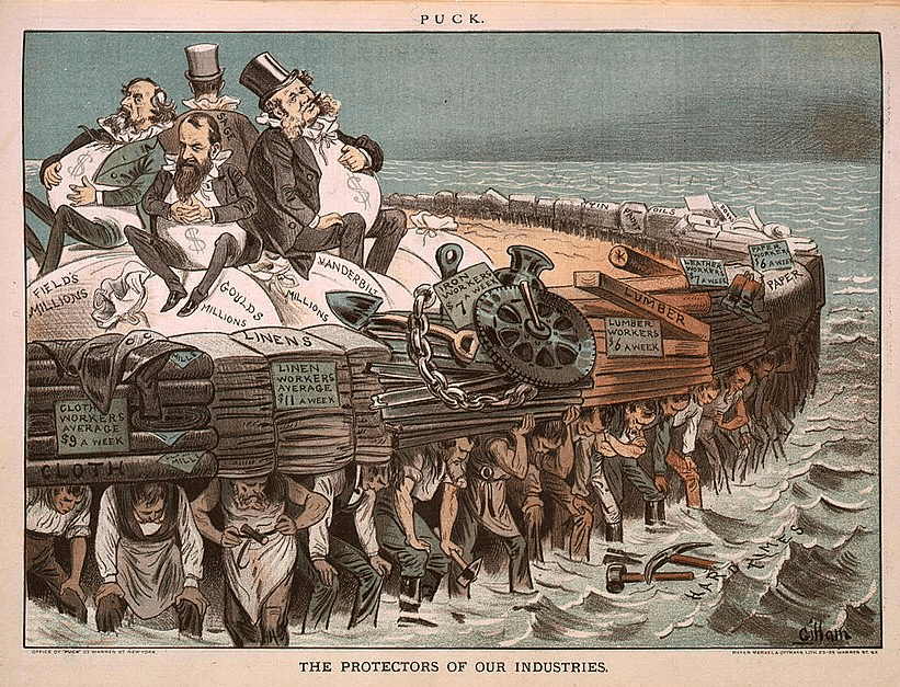 Gilded Age political cartoons (e.g., Puck, Judge, Harper’s Weekly before 1928) are public domain and visually perfect: fat industrialists, top hats, bags of money—exactly the imagery Marxists point to when discussing class domination.