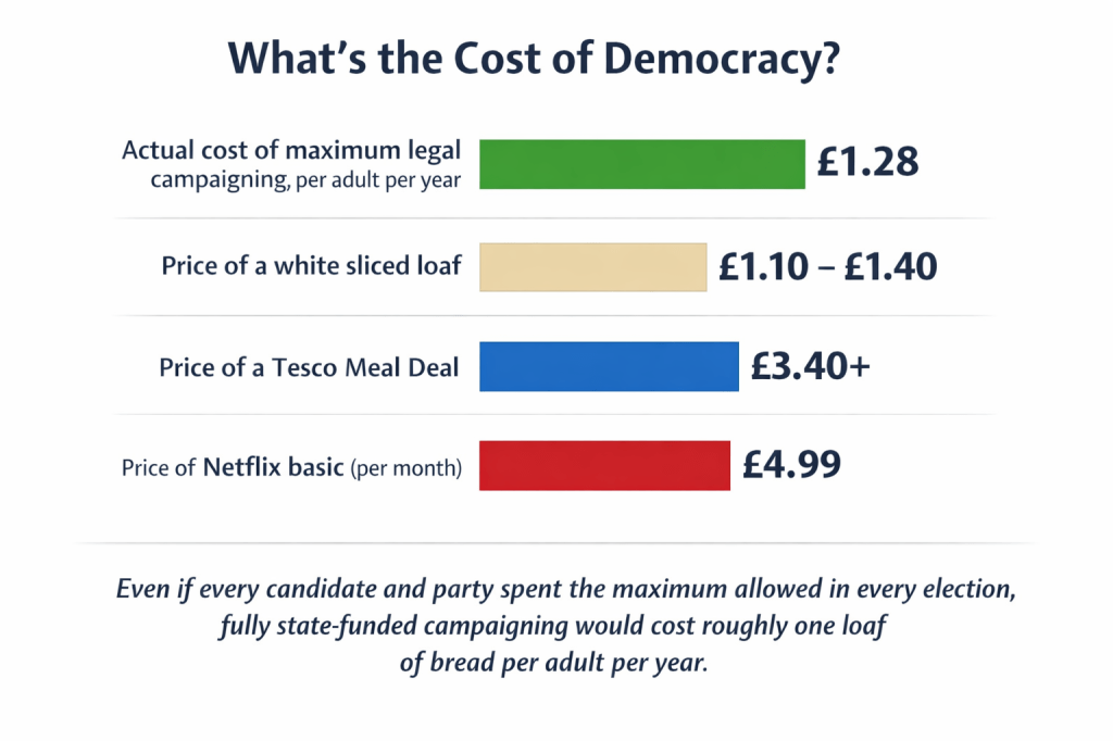 “Actual cost of maximum legal campaigning, per adult per year” → £1.28

“Price of a white sliced loaf” → £1.10–£1.40 (depends on supplier)

“Price of a Tesco Meal Deal” → £3.40+

“Price of Netflix basic (per month)” → £4.99

Caption:

“Even if every candidate and party spent the maximum allowed in every election, fully state-funded campaigning would cost roughly one loaf of bread per adult per year.”