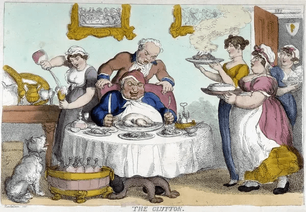 Honoré Daumier and similar 19th-century artists frequently caricatured the respectable, overdressed, faintly smug urban class. These works (pre-1900) are firmly in the public domain.
