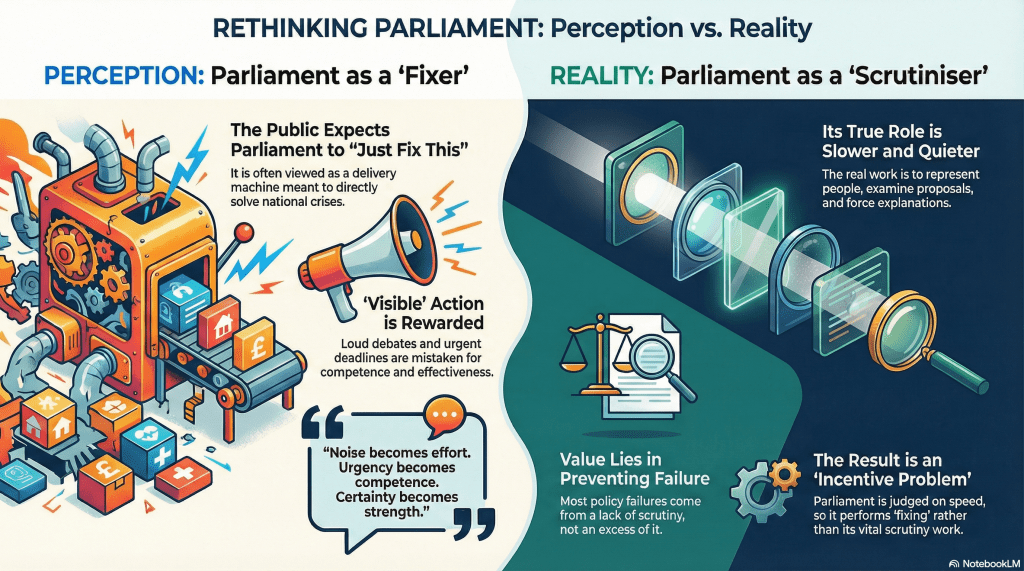 Let’s Rethink Parliament: What Parliament Is Actually For? We often judge Parliament for failing to “fix” things it was never designed to deliver. This post asks what Parliament is actually for — and why that distinction matters.